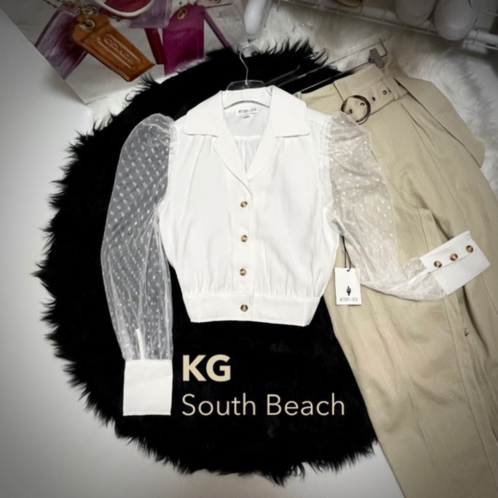 KGSB COLLECTION Luxury Boutique Shacket Cuffed Swiss Dot Sheer Sleeves Tailored